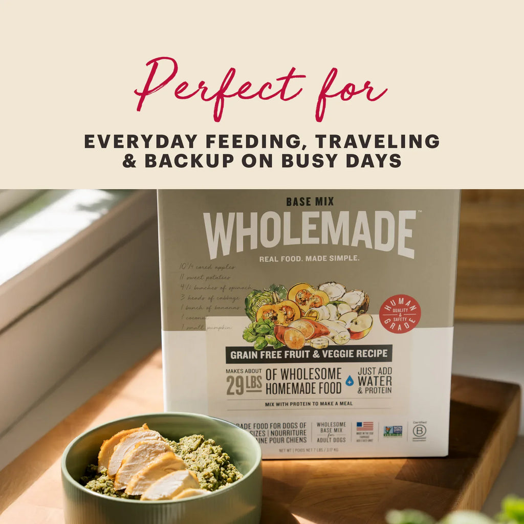 Perfect for Everyday Feeding, Traveling and Backup on Busy Days - Dehydrated Wholemade on a Butcher Block Counter with Food Nearby | Wholemade Dehydrated Base Mix Dog Food from The Honest Kitchen