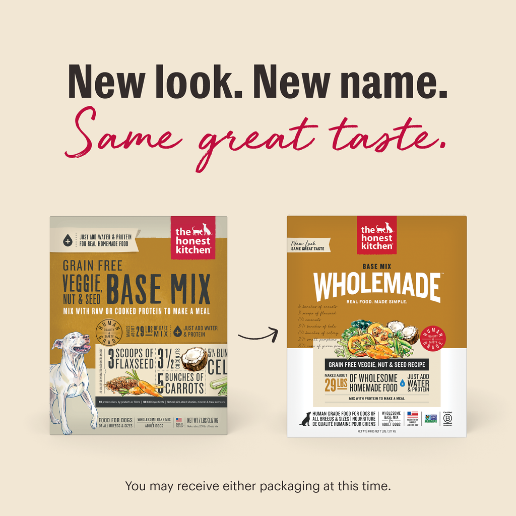 New Look. New Same. Same Great Taste. As we switch our packaging, you may receive either option at this time. | Wholemade Base Mix Grain Free Veggie, Nut & Seed Dehydrated Dog Food from The Honest Kitchen