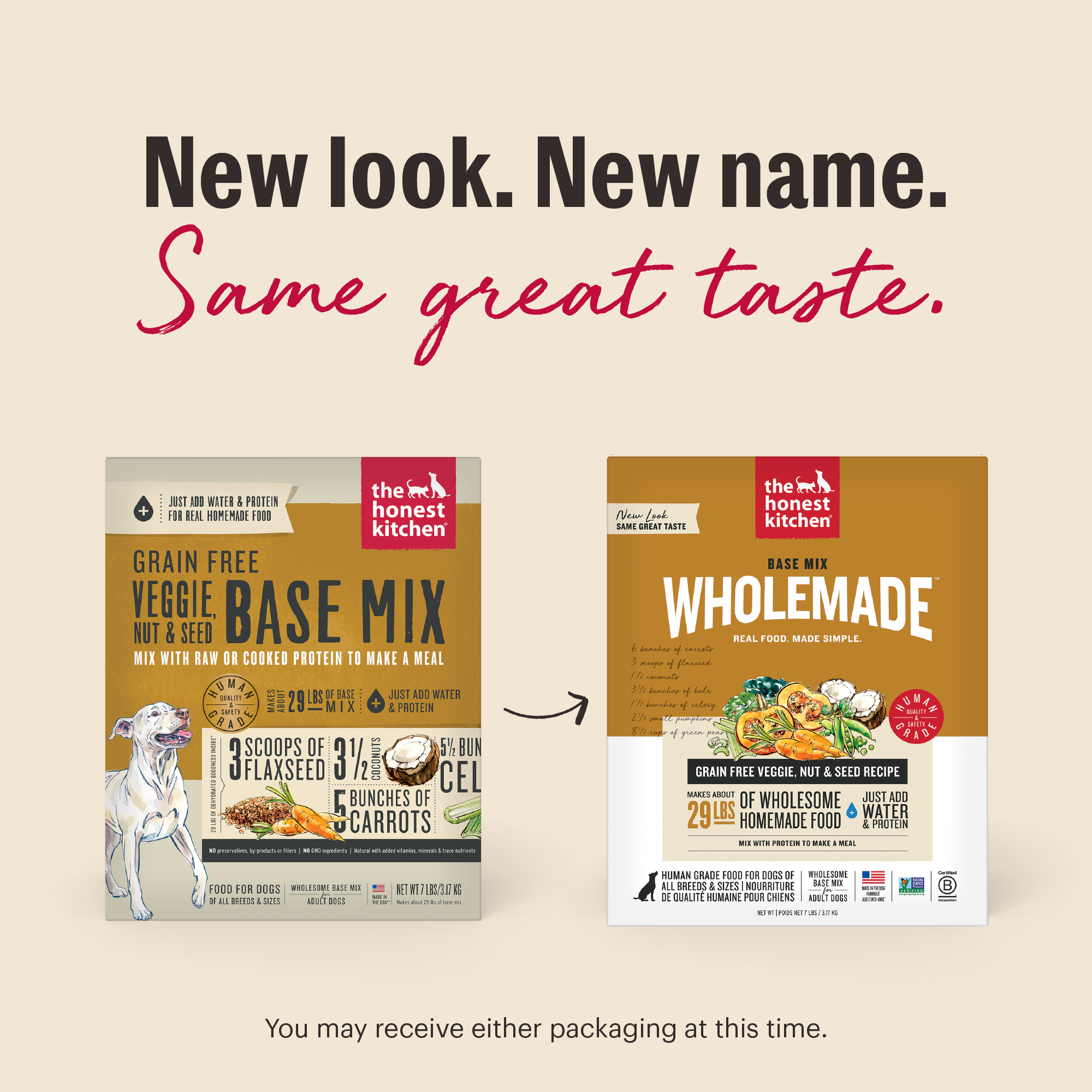 New Look. New Same. Same Great Taste. As we switch our packaging, you may receive either option at this time. | Wholemade Base Mix Grain Free Veggie, Nut & Seed Dehydrated Dog Food from The Honest Kitchen