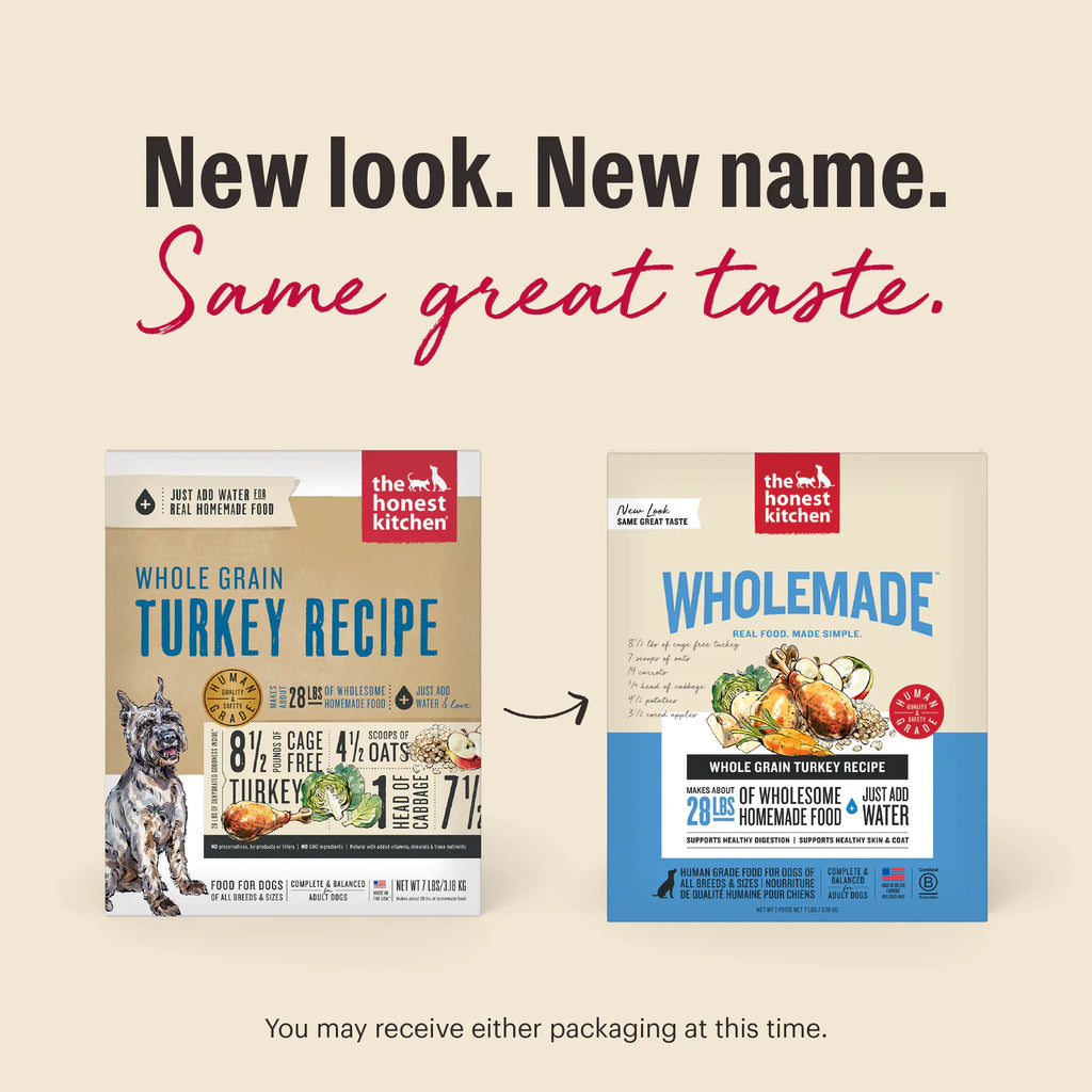 New Look. New Same. Same Great Taste. As we switch our packaging, you may receive either option at this time. | Wholemade Whole Grain Turkey Dehydrated Dog Food from The Honest Kitchen