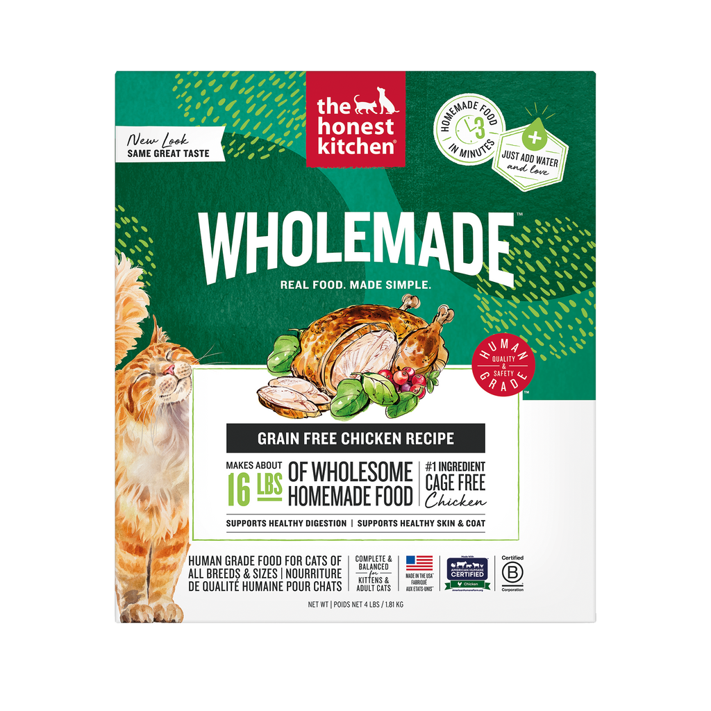 The honest kitchen Wholemade cat food package with a green background and cat illustration ::4-lb