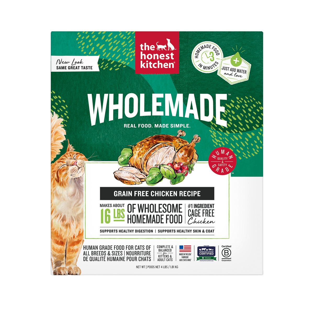 The honest kitchen Wholemade cat food package with a green background and cat illustration ::4-lb