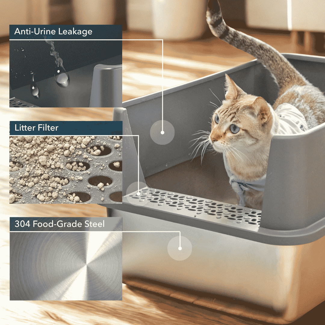 Cat using a litter box with features highlighted on the screen