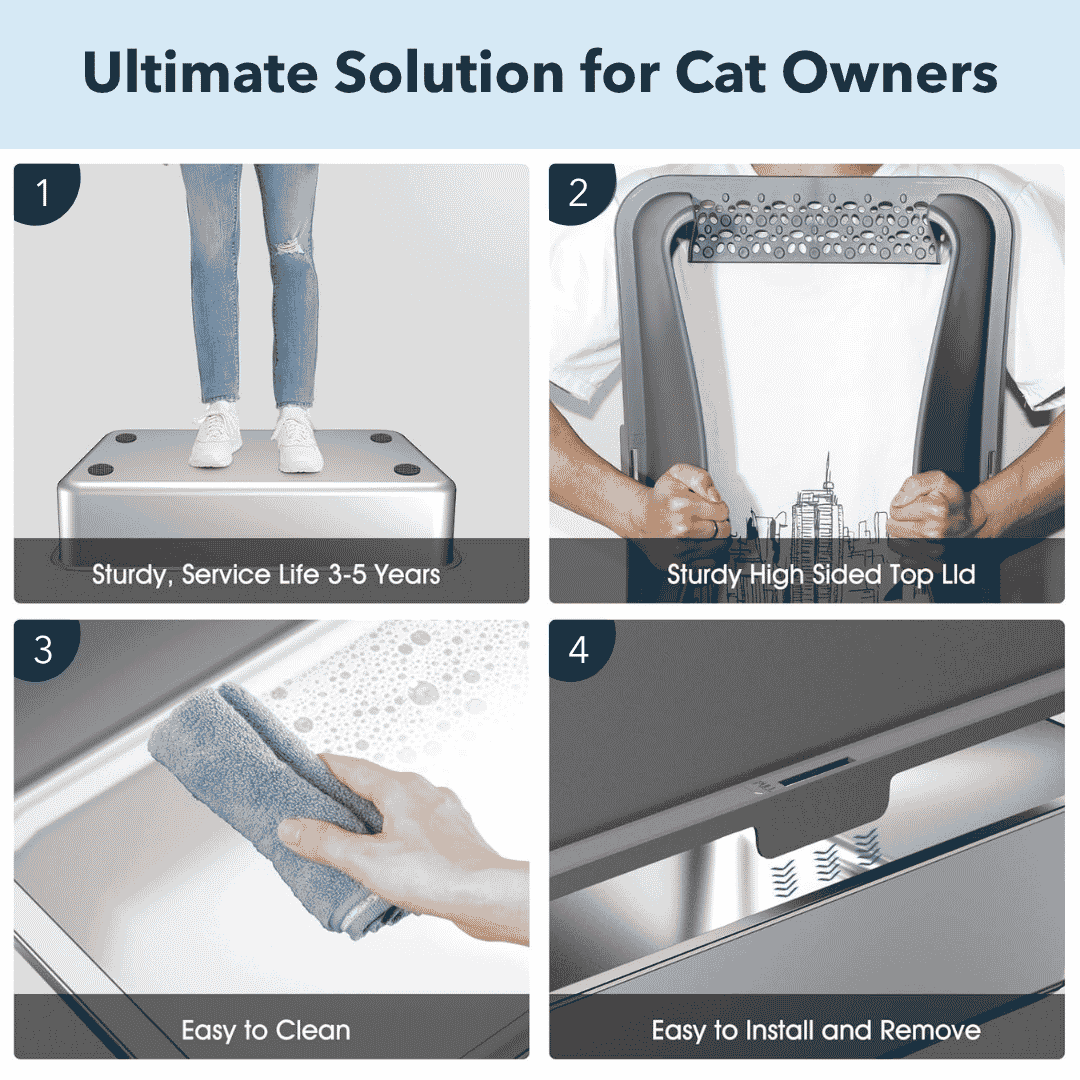 Product features for cat owners with images of a stable platform, high-sided top lid, cleaning cloth, and easy installation.