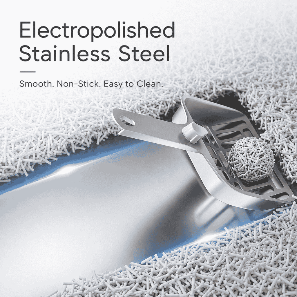 Stainless steel kitchen tool on a textured white surface with text about material properties.