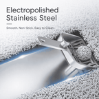 Stainless steel kitchen tool on a textured white surface with text about material properties.