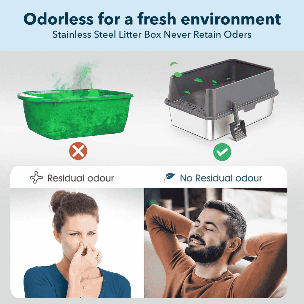 Stainless steel litter box with green waste, showing residual odor issue and solution.