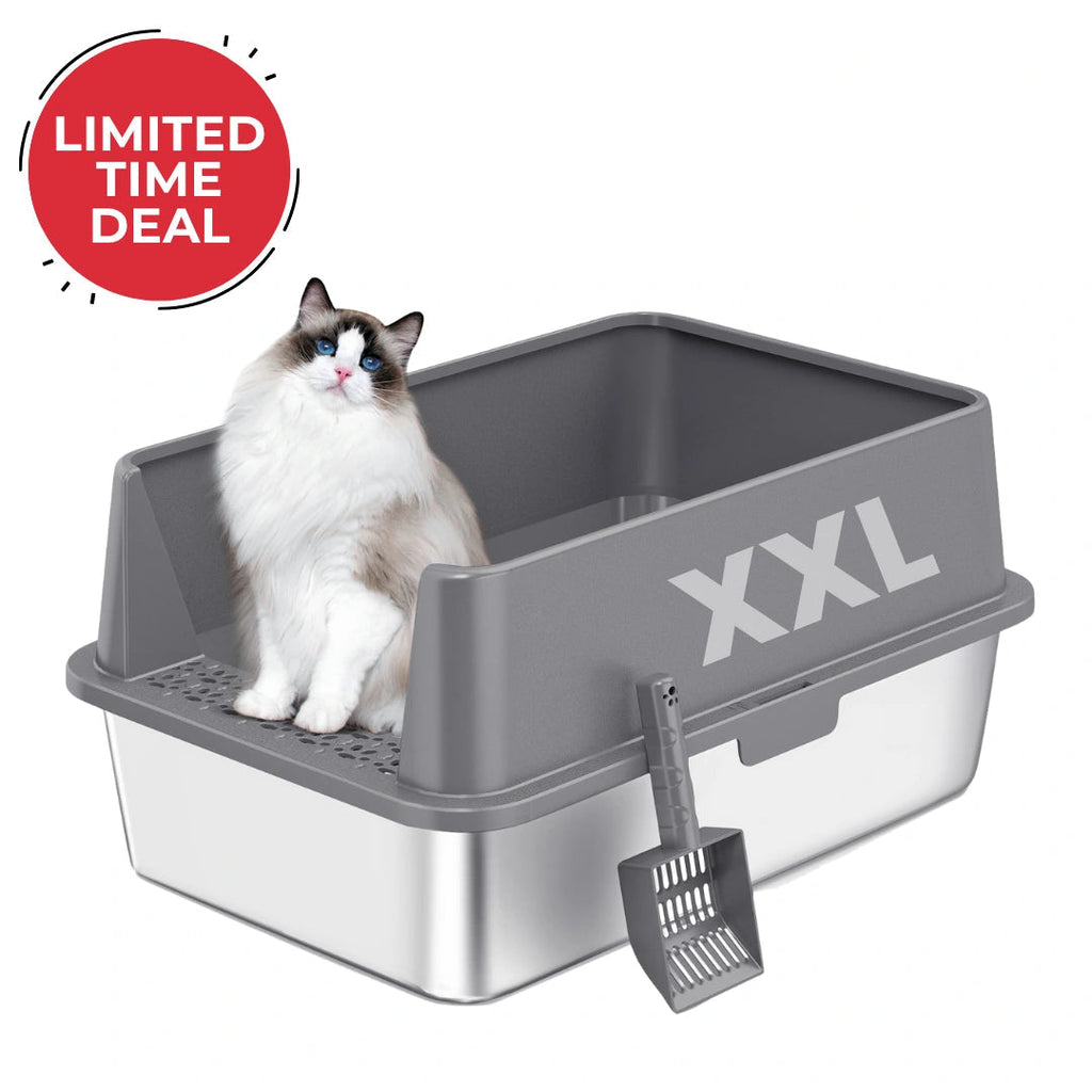 Cat sitting in a gray XXL cat litter box with a limited time deal label.