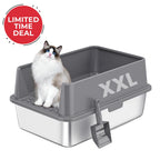 Cat sitting in a gray XXL cat litter box with a limited time deal label.