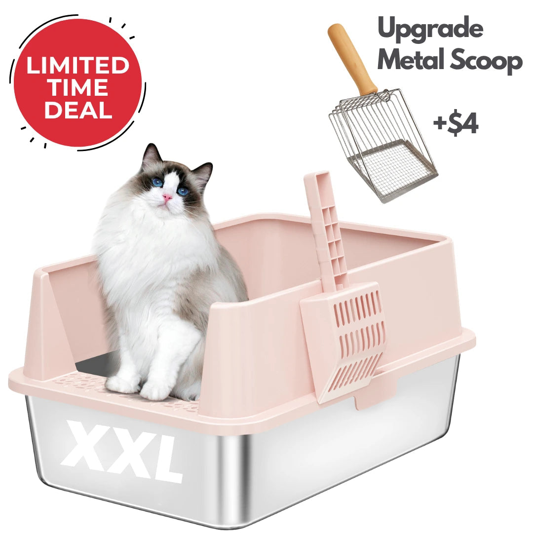 Pink and clear cat litter box with a cat sitting inside, metal scoop, and 'Limited Time Deal' text.