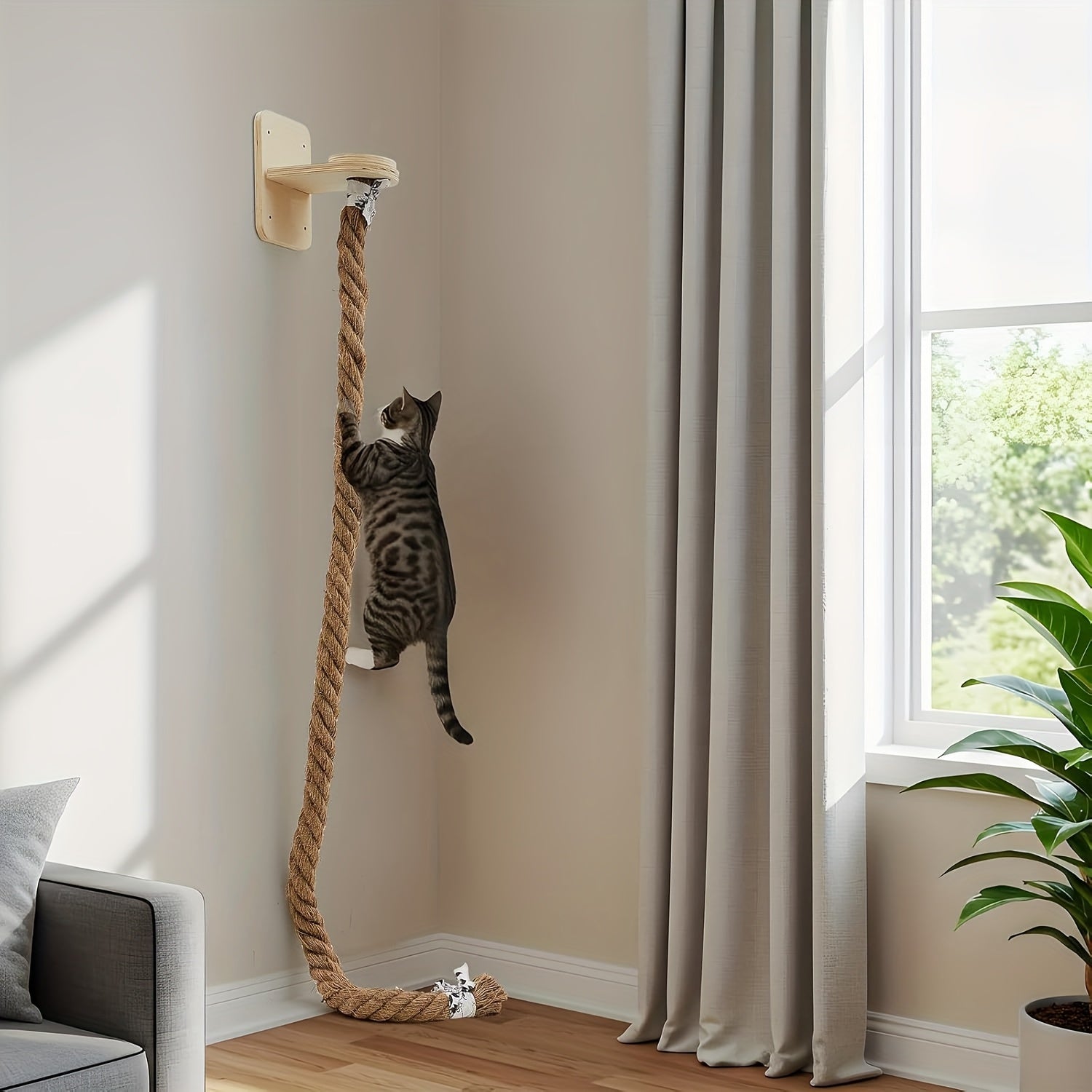 1.5M/60In Jute Rope Jump Platform Wall Punch Type Set, Cat Climbing Rope, Deluxe Wall-Mounted Cat Scratching Post Cat Scratching Posts Wall-Mounted Cat Tree with Climbing Rope, Large Ladder, And Resting Platform - Provides Endless Fun