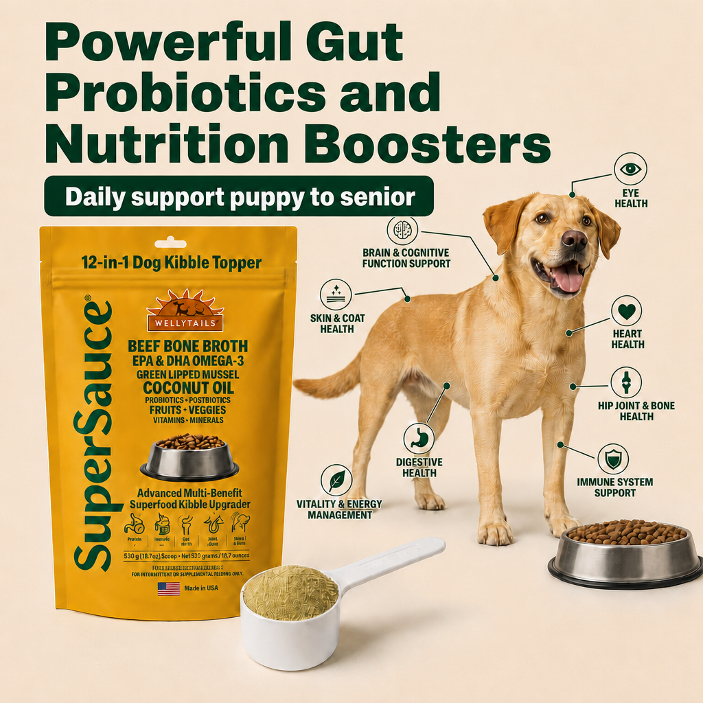 Yellow SuperSauce pouch, white scoop of powder, and a golden retriever next to a bowl of kibble.