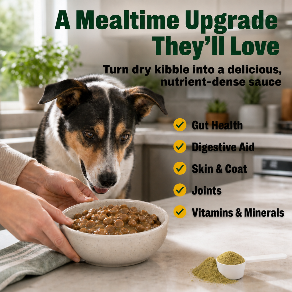A dog looks at a bowl of kibble in sauce held by a person next to a scoop of green powder on a kitchen counter.