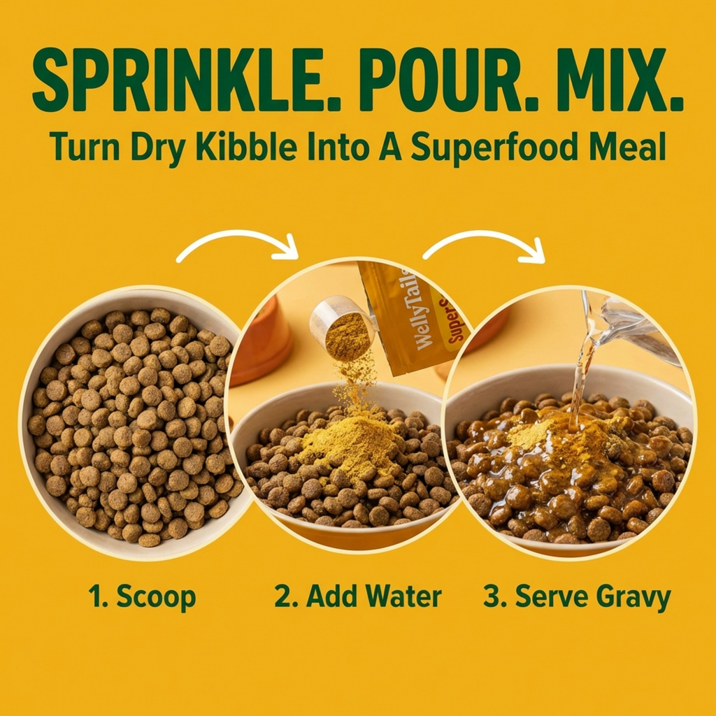 Three circles show a scoop of yellow SuperSauce powder and water being added to a bowl of brown kibble to create gravy.