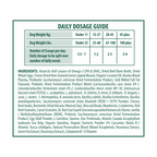 Daily dosage guide for WellyTails SuperSauce kibble topper, detailing dog weight and scoop recommendations.