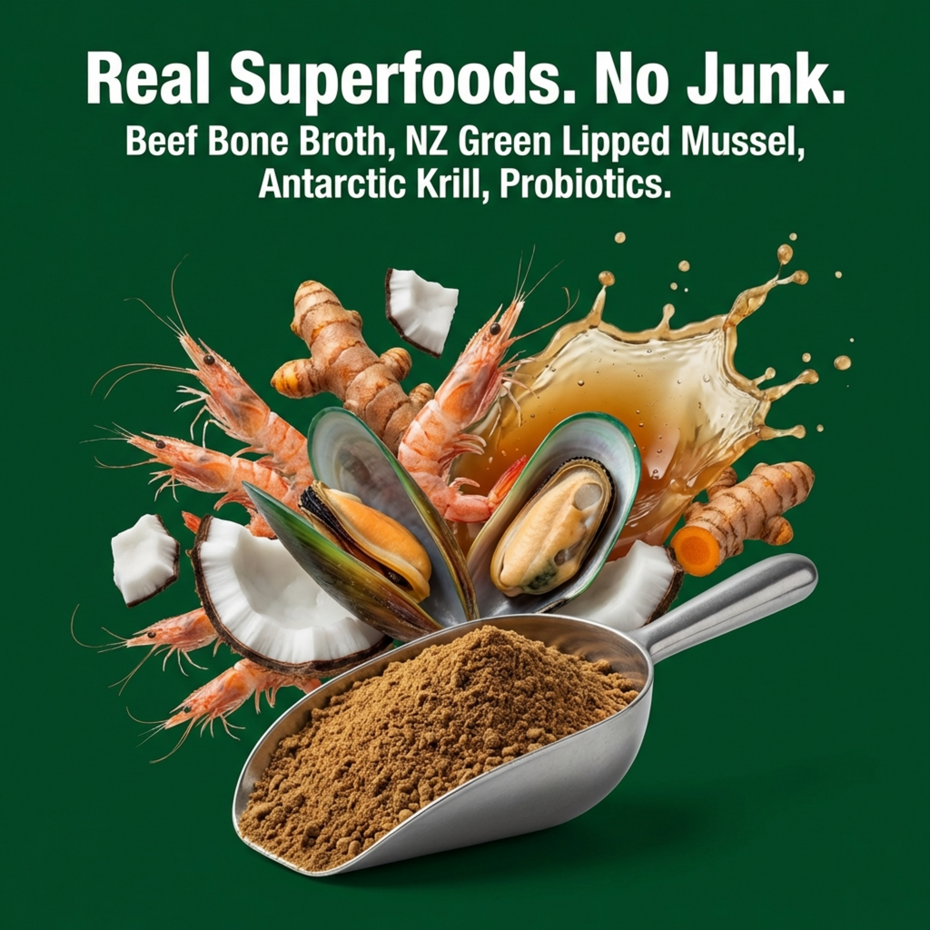 Brown powder in a metal scoop with mussels, shrimp, and coconut on a green background. Real Superfoods. No Junk.