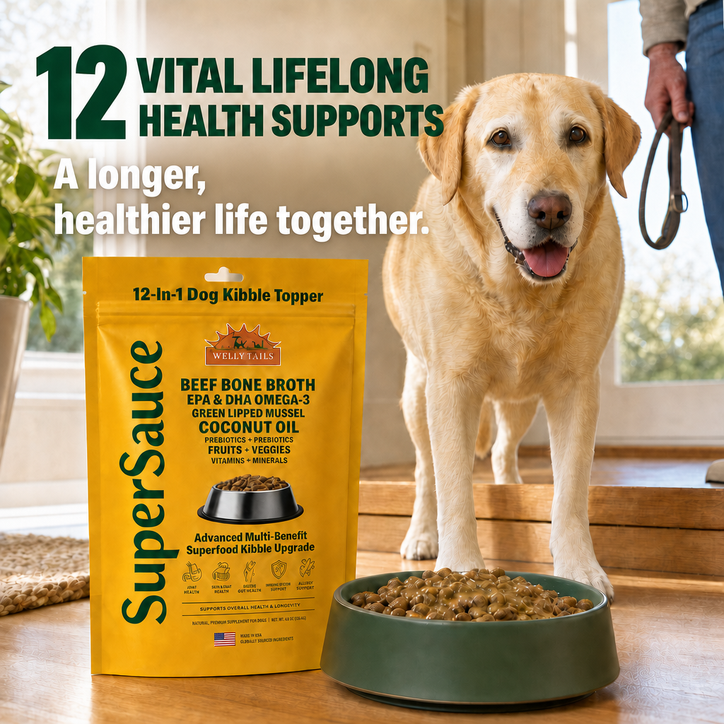 Yellow SuperSauce pouch next to a yellow dog and a green bowl of kibble. Label reads 12-In-1 Dog Kibble Topper.