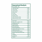 WellyTails SuperSauce kibble topper powder nutritional analysis chart with ingredients and guaranteed analysis details.