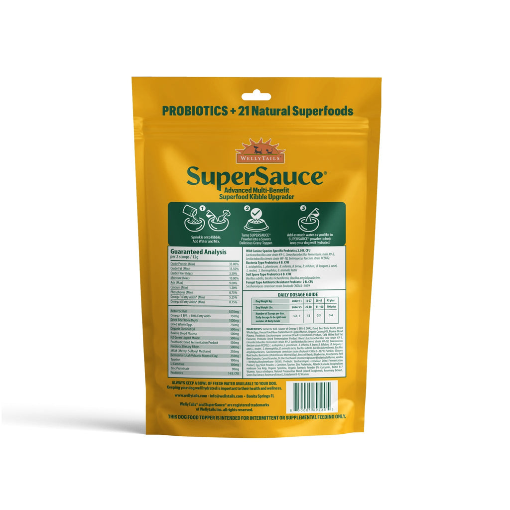 WellyTails SuperSauce 12-in-1 kibble topper powder pouch, yellow packaging with nutritional information and serving sugges...