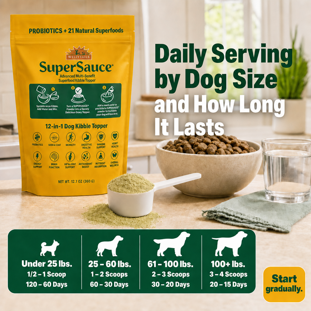 Yellow SuperSauce powder bag, white scoop, and kibble bowl on a counter with a dog size serving chart. 12.7 oz (360 g).