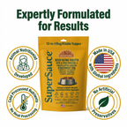 Yellow plastic pouch of SuperSauce Beef Bone Broth 12-in-1 Dog Kibble Topper surrounded by circular quality seals.