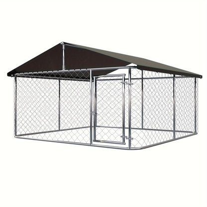 Outdoor Dog Kennel Enclosure Heavy Duty - Galvanized Steel Wire Mesh Dog Cage with Rain & UV-Proof Roof Cover, Secure Lock & Ground Nails, Large Dog Run Fence for Backyard, 3 Sizes Available