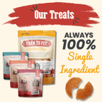 The backs of bags with 'Farm to Pet' branding and a red banner stating Our Treats and 'Always 100% Single Ingredient'.
