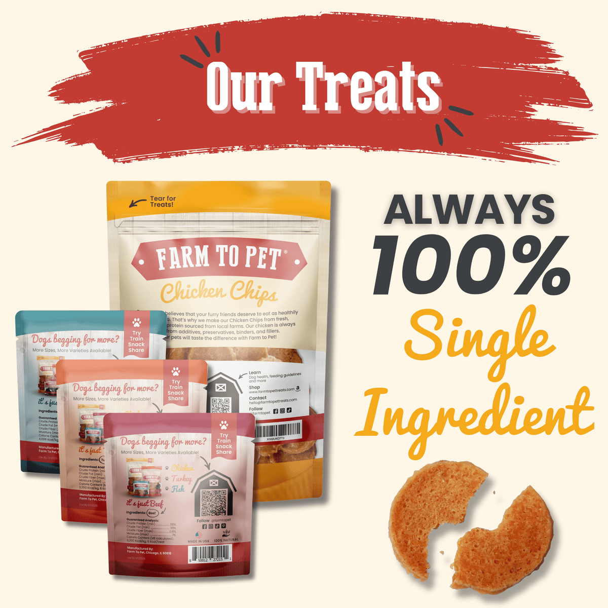 The backs of bags with 'Farm to Pet' branding and a red banner stating Our Treats and 'Always 100% Single Ingredient'.