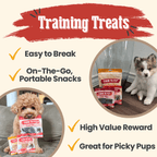 Farm to Pet Dog training treats with text highlighting features and a dog holding a treat and a husky puppy sitting by treat.