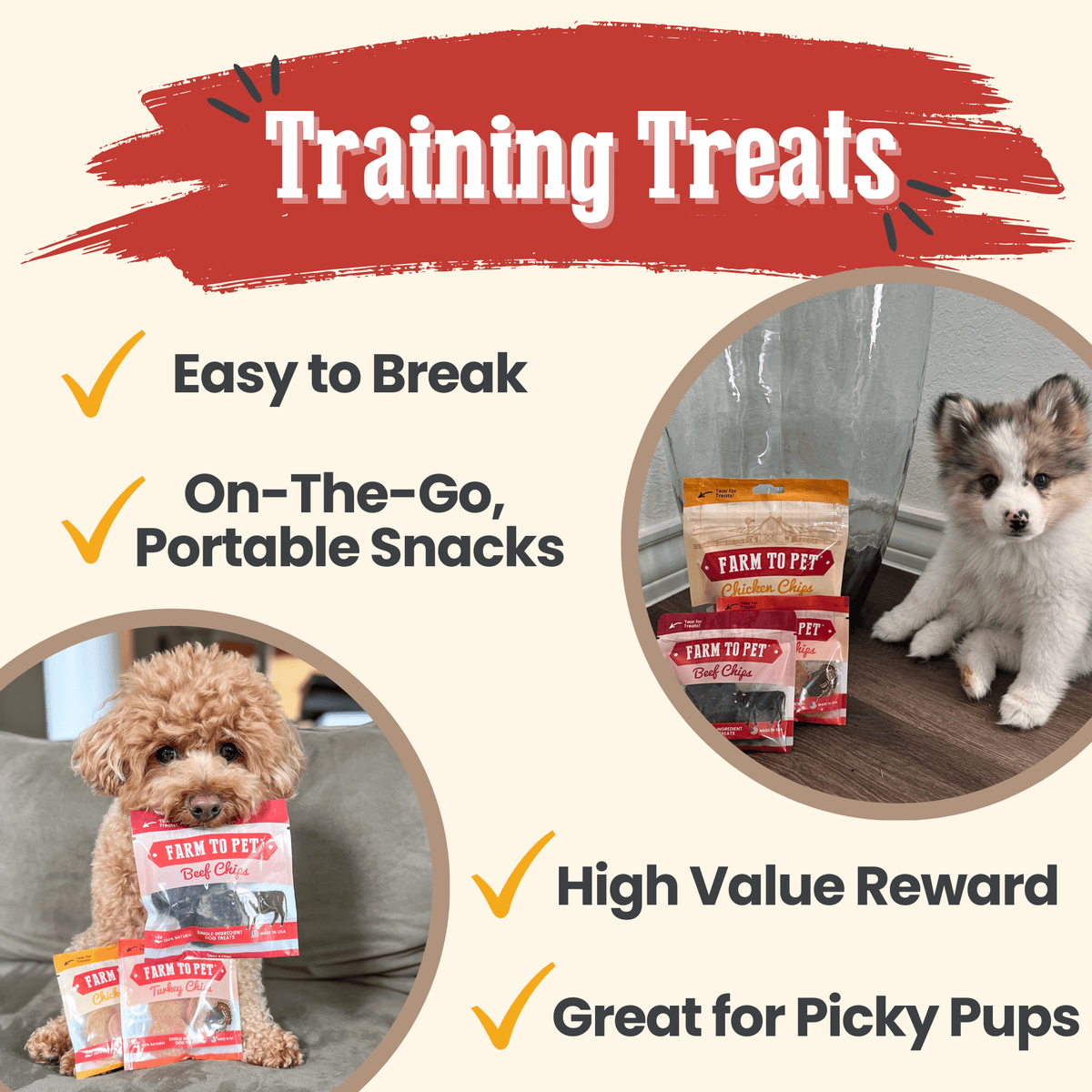 Farm to Pet Dog training treats with text highlighting features and a dog holding a treat and a husky puppy sitting by treat.
