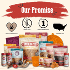 Assorted Farm to Pet food products and accessories with branding elements and 'Our Promise' text on a white background.