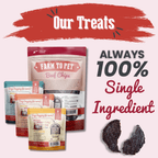 Packaging of Farm to Pet chips with text 'Always 100% Single Ingredient' on a white background.