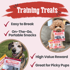 Dog training treats from Farm to Pet with text highlighting features and images of dogs holding the treats.