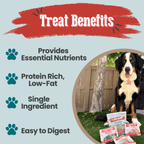 Farm to Pet dog treats with text highlighting benefits. A large dog sitting with treats in front of him.