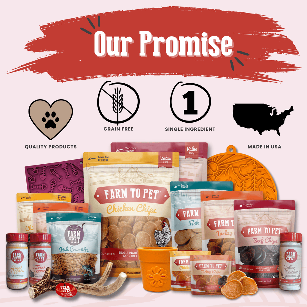 Farm to Pet collection of pet food products and accessories with branding elements and icons on a light background.