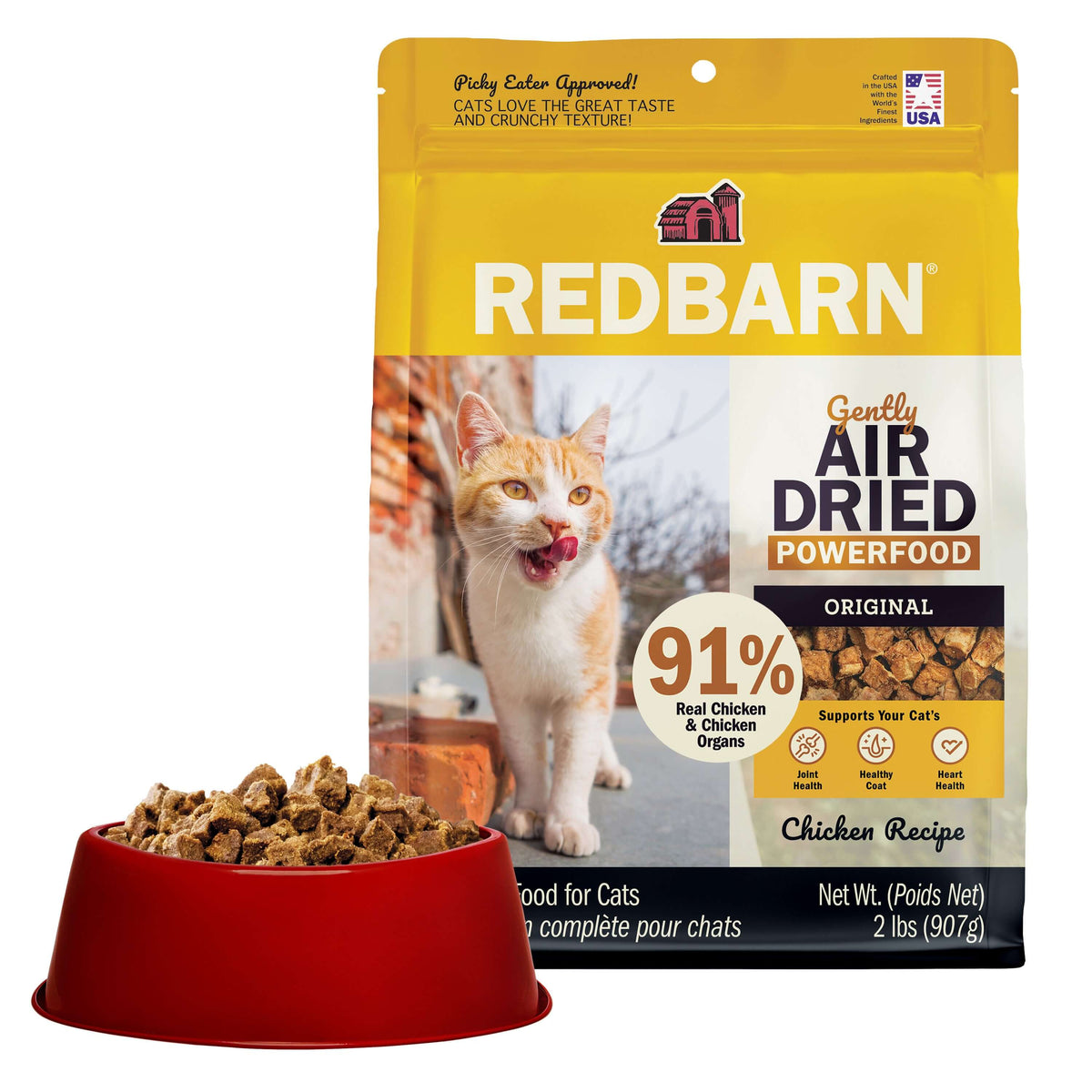 Best Cat Food. Redbarn air dried powerfood for cats with a cat and bowl of food on a white background