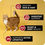 Supports healthy skin & coat, digestive support, heart & joint health, supports active lifestyle