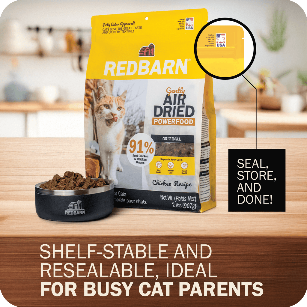 Shelf stable and resealable bag purfect for busy cat parents