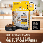 Shelf stable and resealable bag purfect for busy cat parents