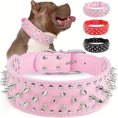 Spiked Dog Collar Faux Leather Mushroom Rivet Studded Adjustable Wide Punk Style for Pitbull Mastiff Bulldog Husky Rottweiler Medium Large Dogs M L 6 Colors