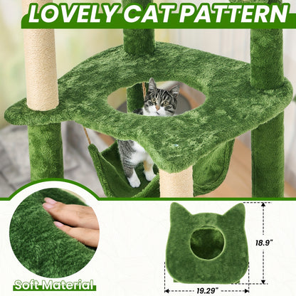 Cat Tree 55" Large Multi-Level Cat Tower for Indoor Cats with Green Leaves, Hammock, Sisal Scratching Posts & Hanging Ball Toy – Cat Furniture for Living Room