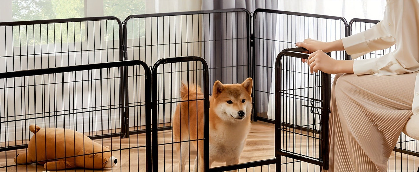 Metal Dog Playpen with Door DIY 8 or 16 Panel Foldable Pet Pen for Small Medium Large Dogs Puppies Easy Assemble Indoor Outdoor Use 24 32 40 Inch Height