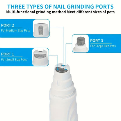 Electric Pet Nail Grinder 2-Speed 3-Port - Rechargeable Quiet Dog Cat Nail Trimmer with 3 Hour Battery Life, Painless Paw Nail Polisher for Small Medium Large Dogs All Breeds, White