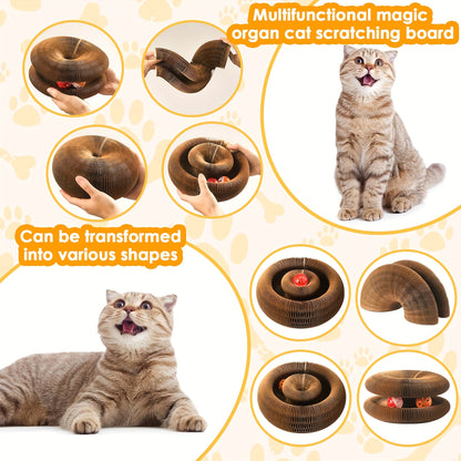 Cat Scratching Board with Ball Track & Bells - Foldable Organ Cardboard Scratcher Pad, Interactive Cat Toy for Indoor Cats, Wear-Resistant Corrugated Scratch Lounge