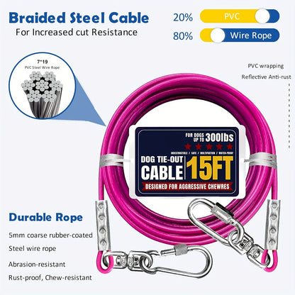 Dog Tie Out Cable for Yard Heavy Duty - Steel Wire Runner Leash with Swivel Hooks, Holds Up to 300 lbs, Anti-Tangle Dog Run Cable for Large Dogs Outdoor - S/M/L Sizes, 3 Colors