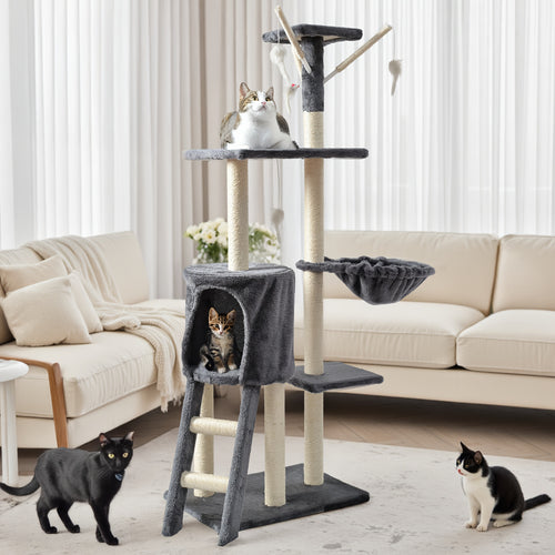Cat Tree Tower Multi-Level with Cat Bed, Condo & Sisal Scratching Post – 3 or 4 Tier Indoor Cat Tree for Large Cats, Kitten & Senior Cats, Modern Cat Furniture with Teaser Toys & Climbing Perch