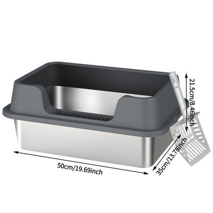 Stainless Steel Cat Litter Box with Scoop - High-Wall Semi-Enclosed Design, Non-Stick Easy Clean Surface, Anti-Leakage Odor Control, 2 Sizes for Kittens & Multiple Cats, Modern Metal Pet Toilet