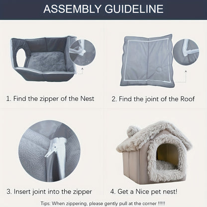 Indoor Dog House Warm Plush Semi-Enclosed – Cozy Cave Bed with Removable Pad & High-Resilience PP Filling | Non-Collapse Dog Kennel for Small Dogs, Available in Gray & Brown, Size L