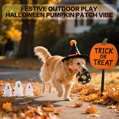 Halloween Dog Ball Toy with Pump - Football Shaped Chew Ball for Dogs, Pumpkin Ghost Design, Durable Rubber Fetch Toy for Small Medium Large Dogs, Festive Pet Gift with Strap, No Battery Required