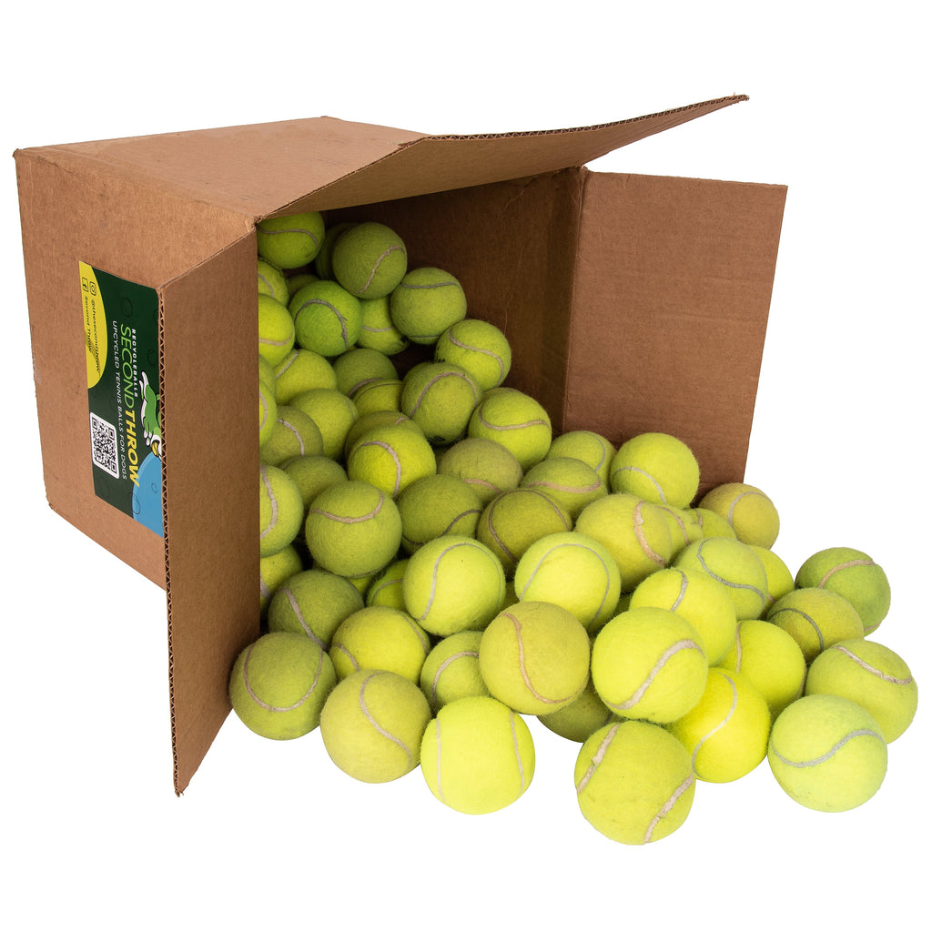 100 RecycleBalls Second Throw upcycled tennis balls spilling from a box on it's side